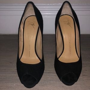 Guiseppe Zanotti Design Black Suede Peep Toe Pump
